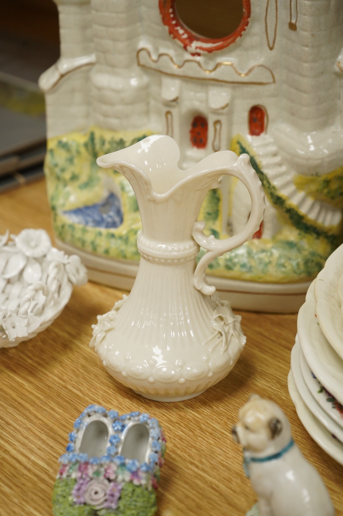 A set of six early 19th century English porcelain plates, impressed anchor mark, Belleek ewer, and other items (15)